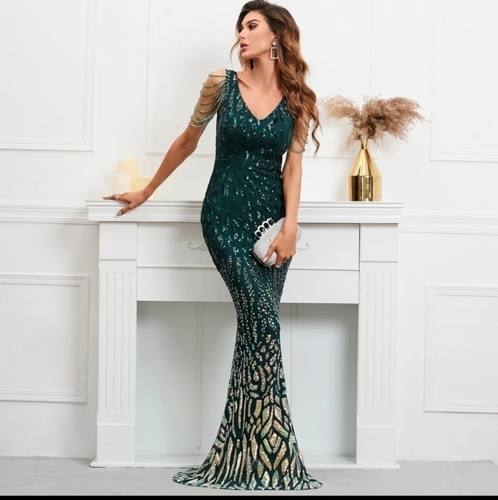 Dark Green, Rhinestone, Contrast Sequined Graphic Print Mermaid Maxi gown